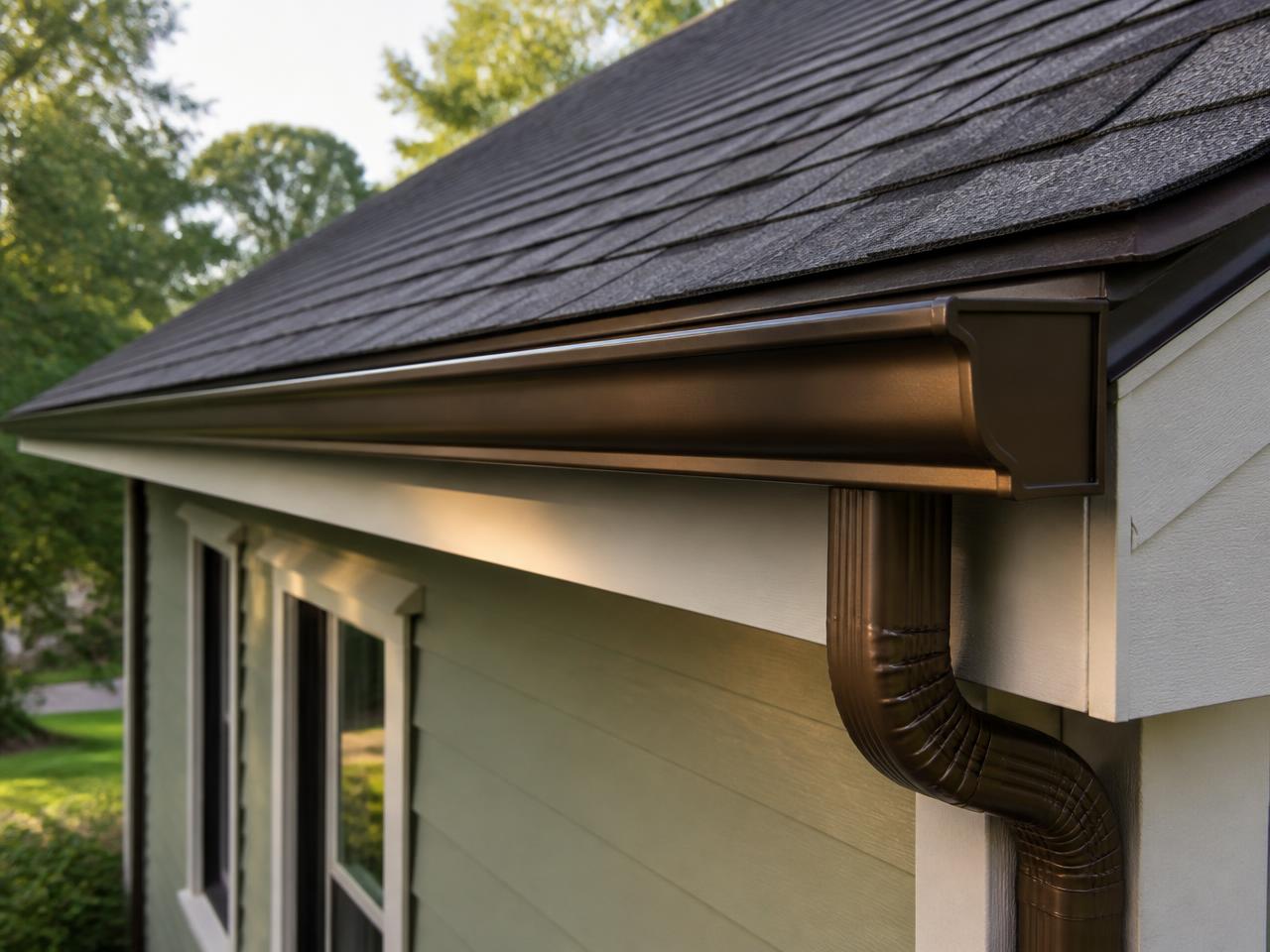Newly installed seamless aluminum gutter and downspout along a home's roofline